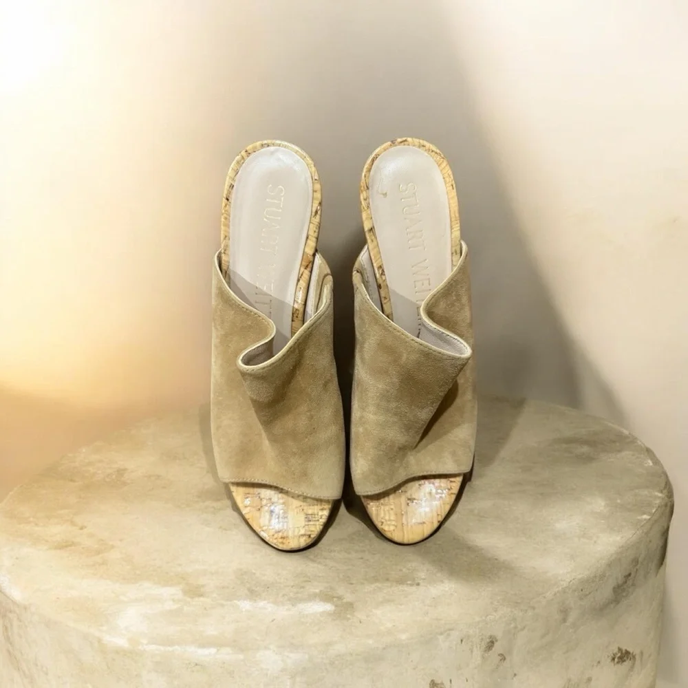 Stuart Weitzman Beige Suede Fold-Over Open-Toe Wedge Slides